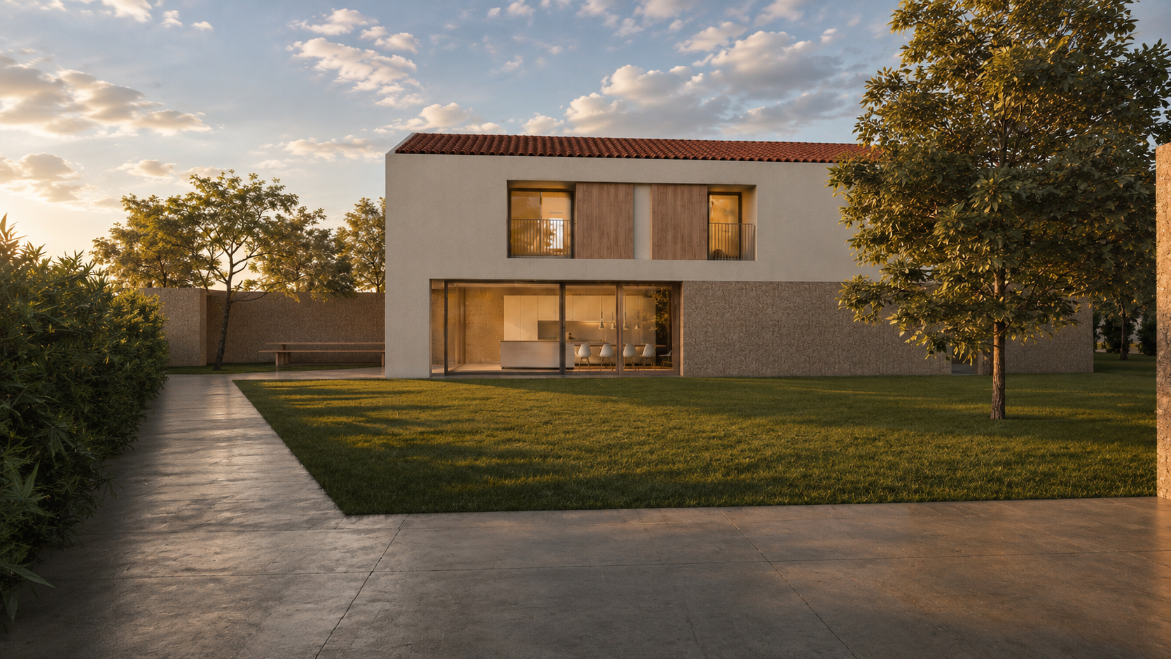Prospetto sul giardino di una casa contemporanea con grande vetrata e volumi semplici