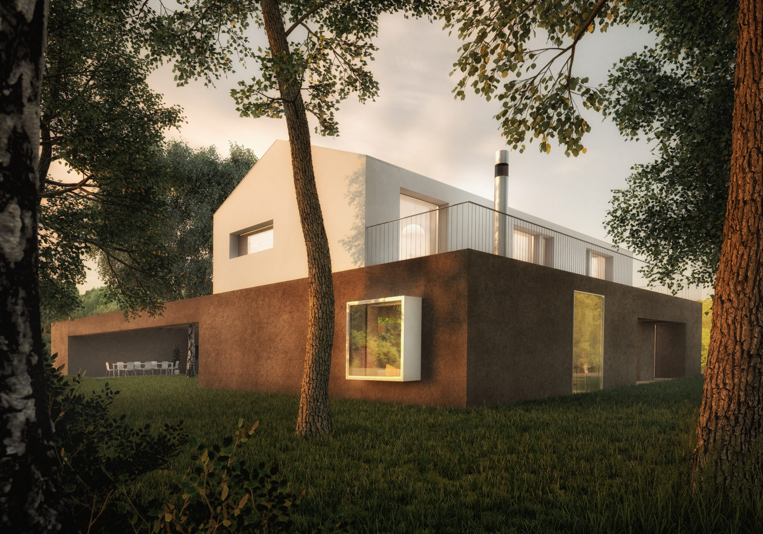 Casa contemporanea a patio immersa nel verde con volumi sovrapposti e grandi aperture verso il giardino