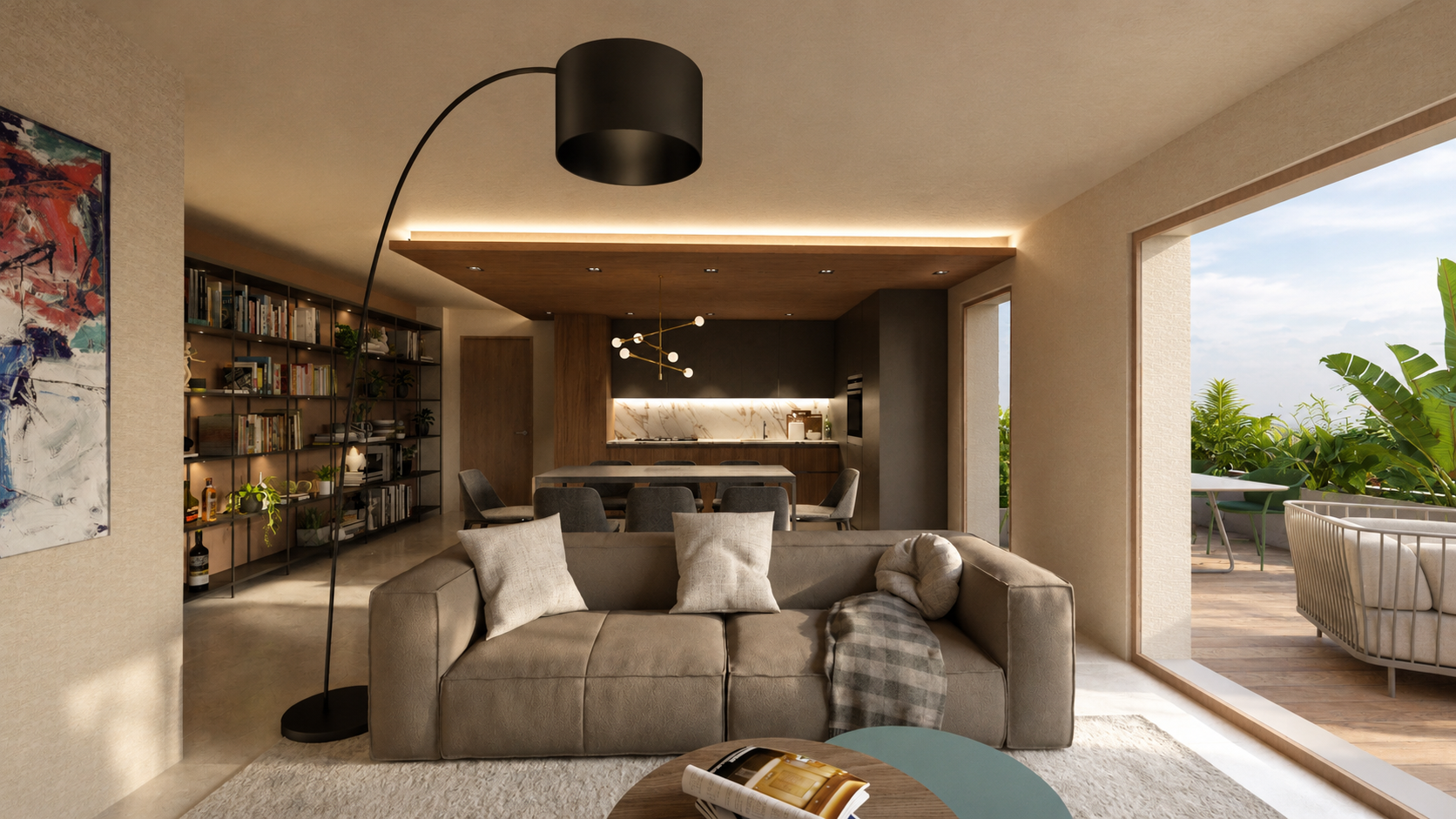Soggiorno ristrutturato con cucina e sala da pranzo in continuità e affaccio sul terrazzo