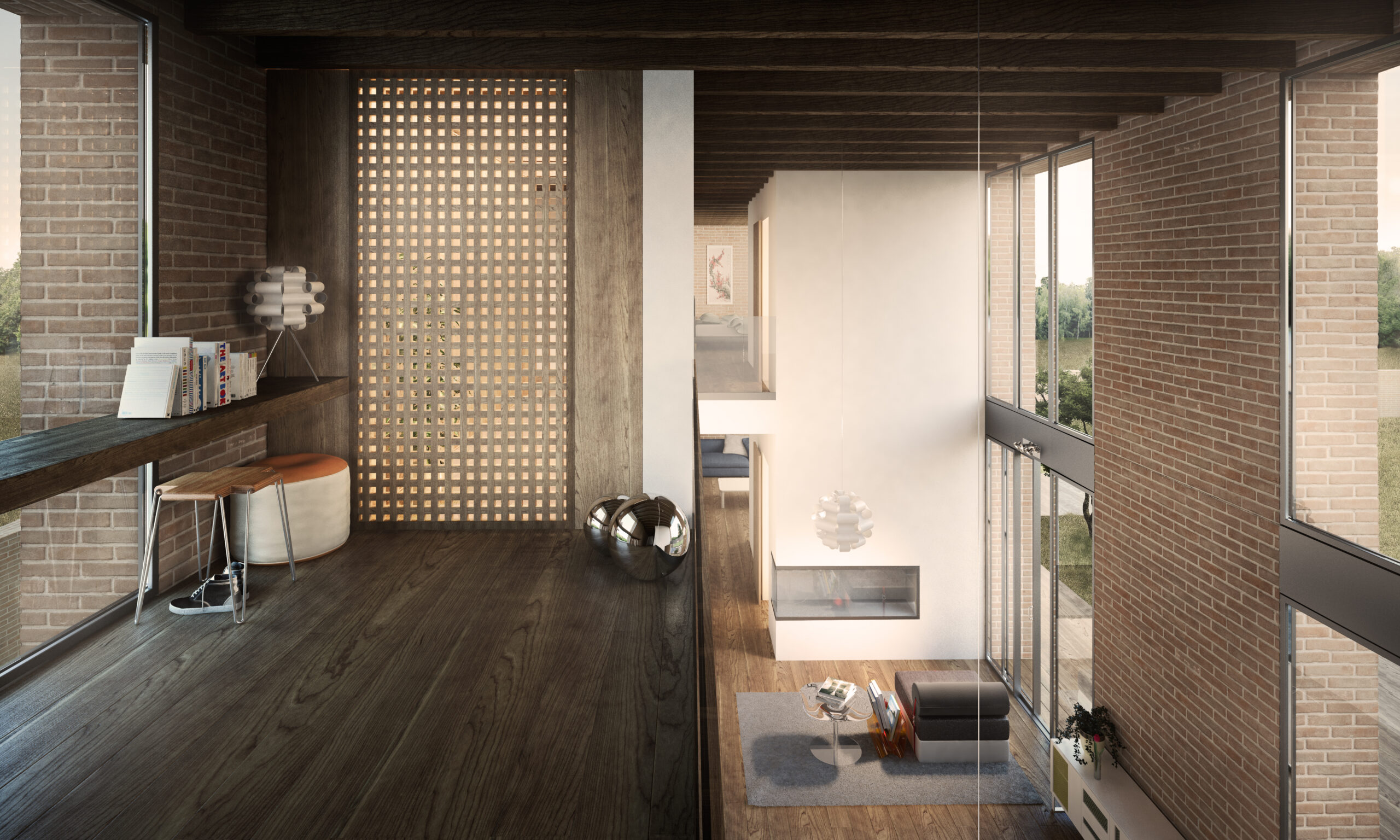 pazio interno a doppia altezza reinterpretato come portico contemporaneo e luogo di relazione