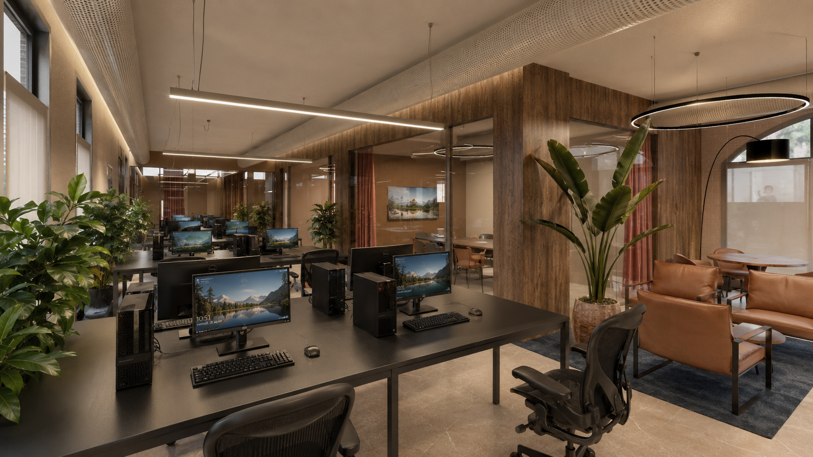 Open space operativo con postazioni di lavoro, aree lounge, verde e sale riunioni integrate