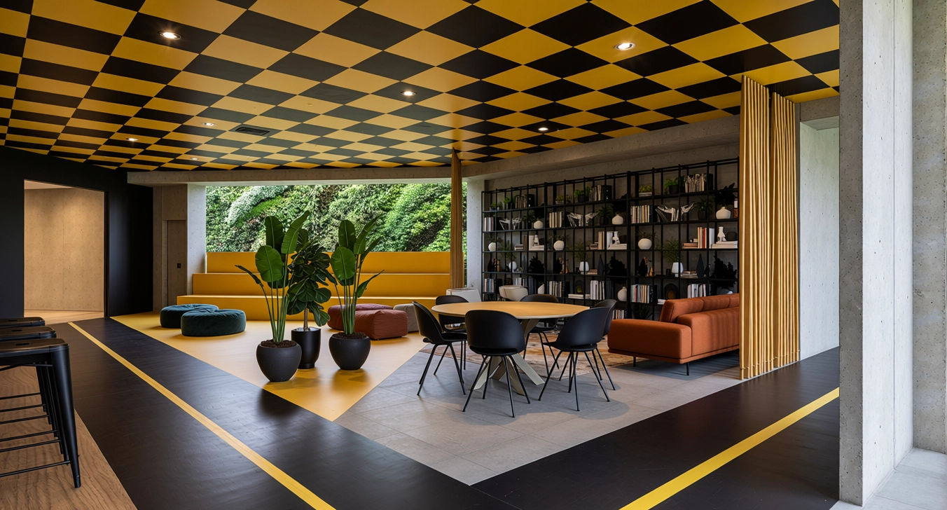Spazio di rappresentanza con area riunioni, lounge, verde e pavimentazione grafica coordinata ai colori aziendali