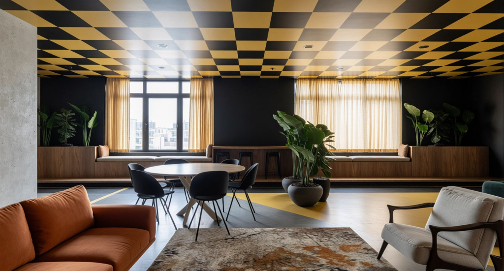 Zona riunioni con tavolo centrale, sedute integrate alle finestre, verde e soffitto grafico nei colori aziendali