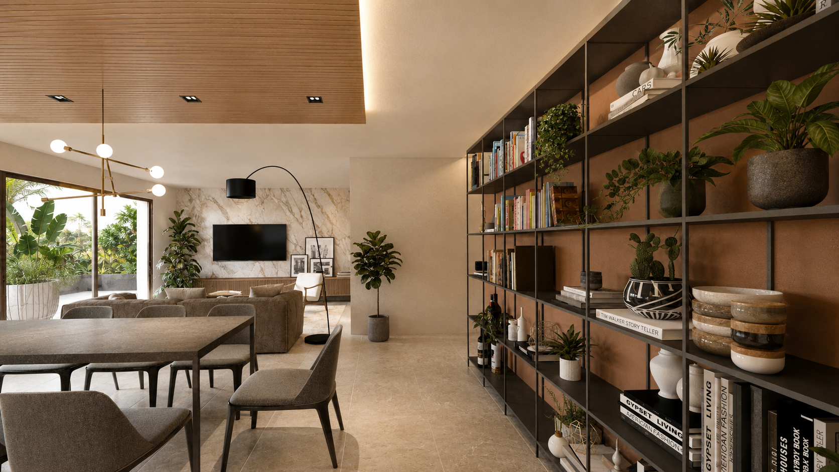 Ristrutturazione completa di un appartamento con zona giorno aperta, sala da pranzo e libreria su misura