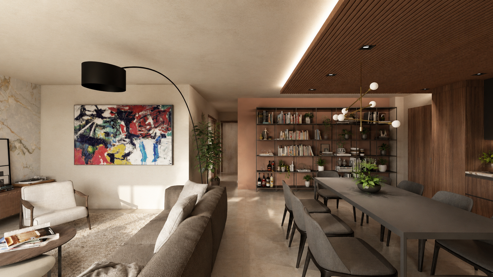 ona pranzo con tavolo centrale, libreria su misura e controsoffitto in legno