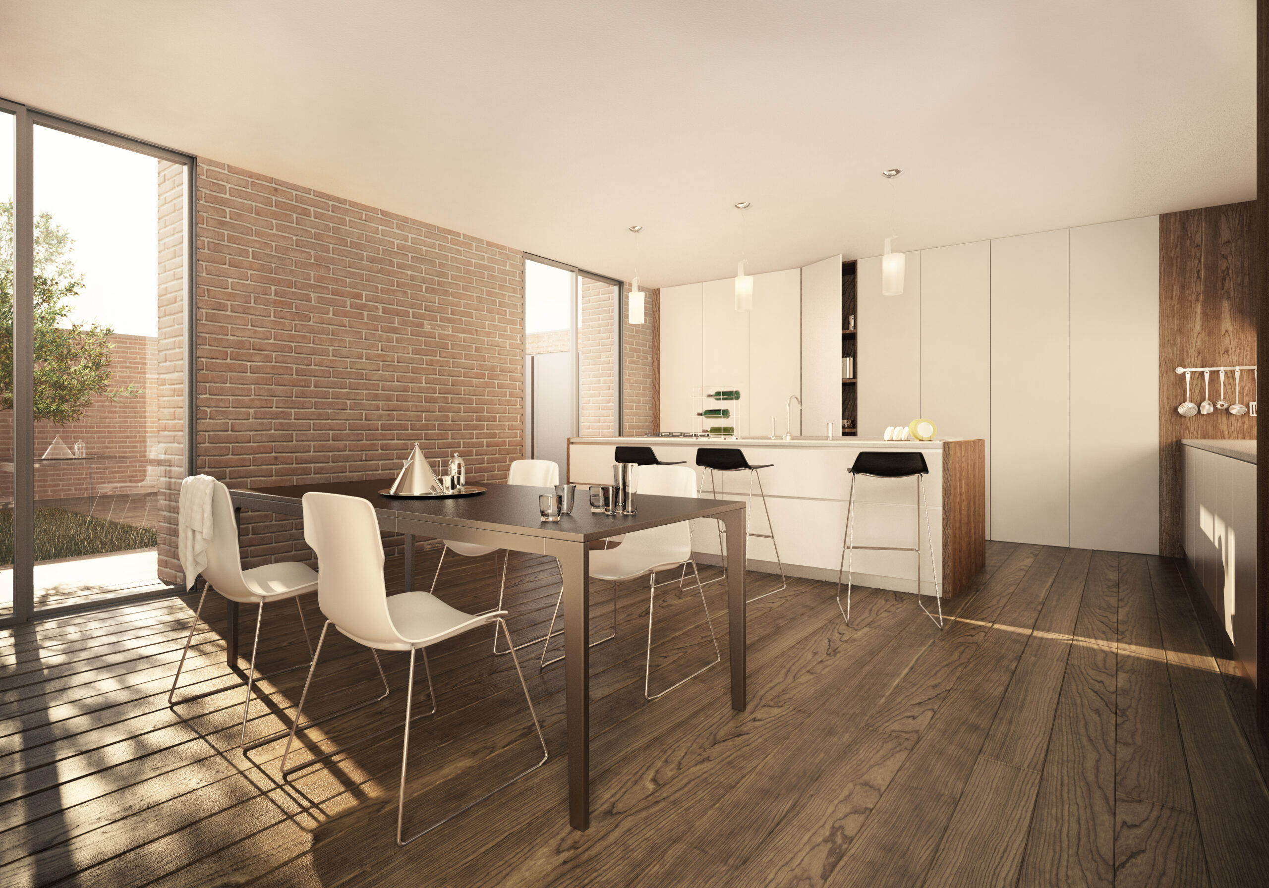 Zona giorno con cucina e pranzo affacciata sul giardino attraverso grandi vetrate