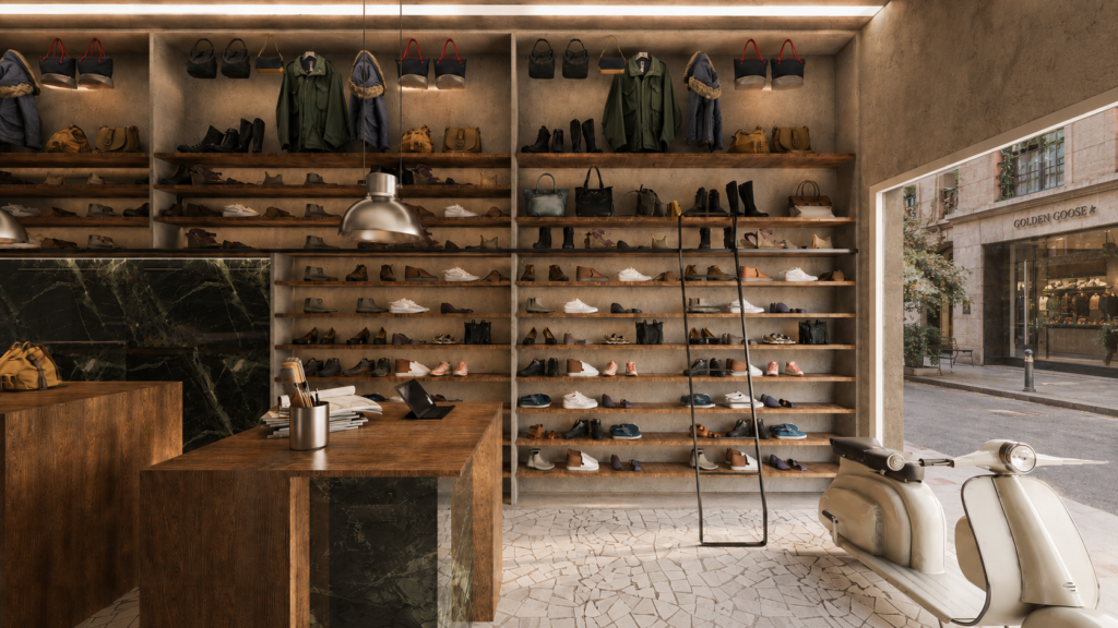 Parete attrezzata della calzoleria con scaffalature per scarpe e accessori, illuminazione integrata e vetrina su strada