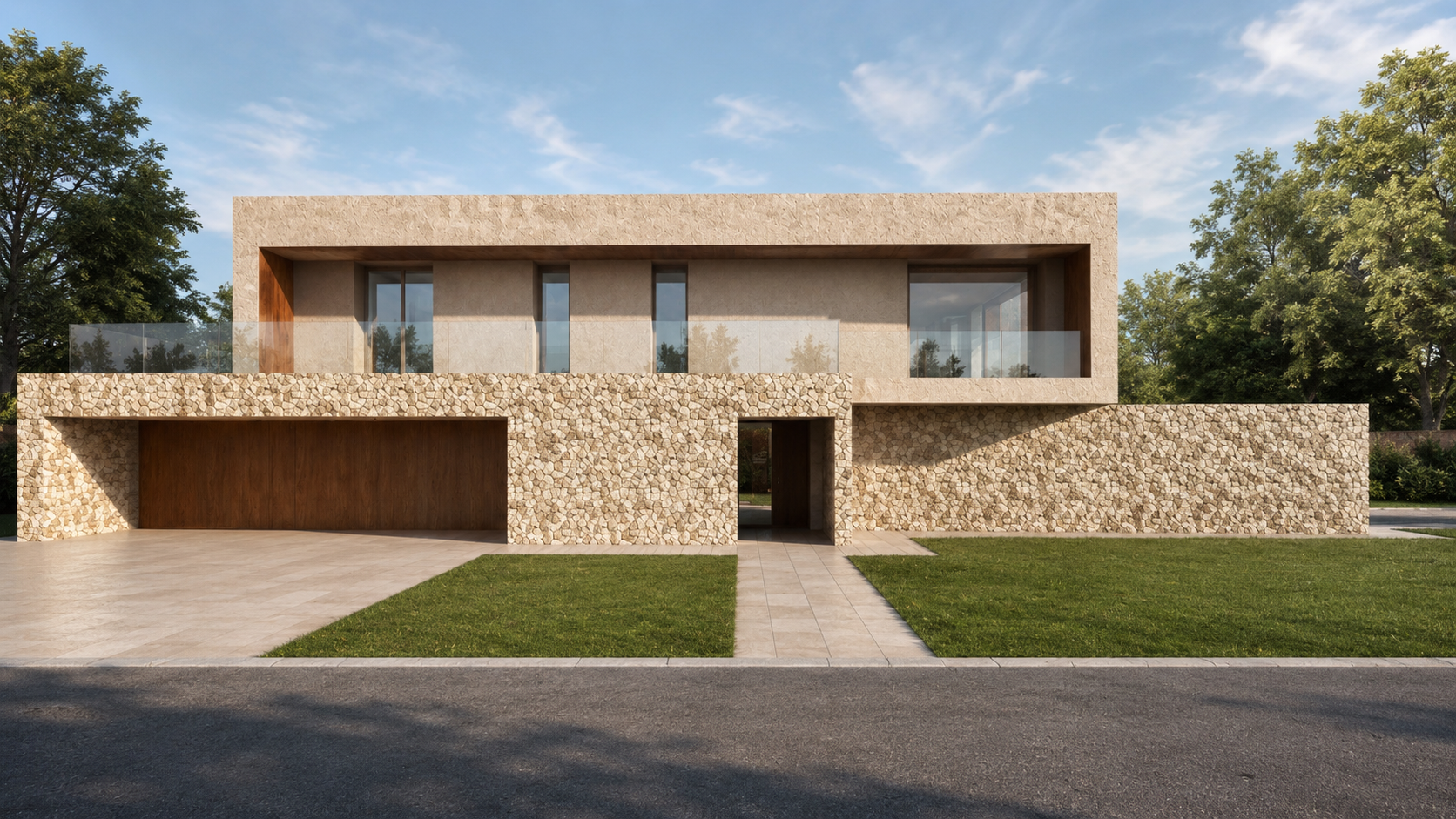 Prospetto principale della villa contemporanea con rivestimento in pietra, volume superiore chiaro e garage integrato