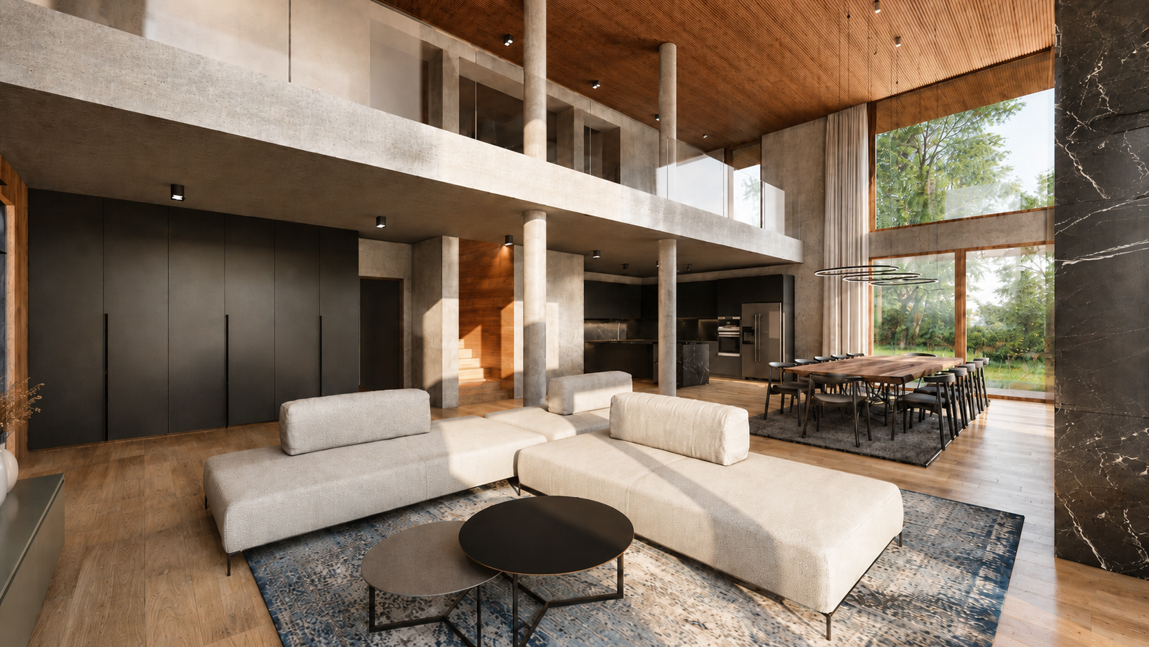 Living a doppia altezza con grandi vetrate, rivestimenti in legno e arredi contemporanei