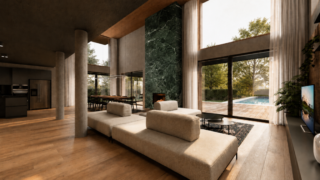 Living contemporaneo a doppia altezza con camino in marmo verde, grandi vetrate e affaccio sulla piscina