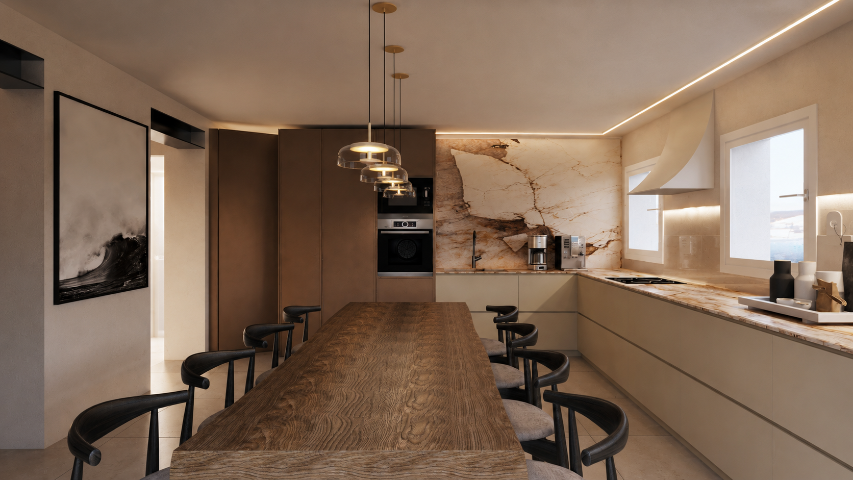 Interior design di una casa su tre livelli con cucina, tavolo in legno e illuminazione integrata