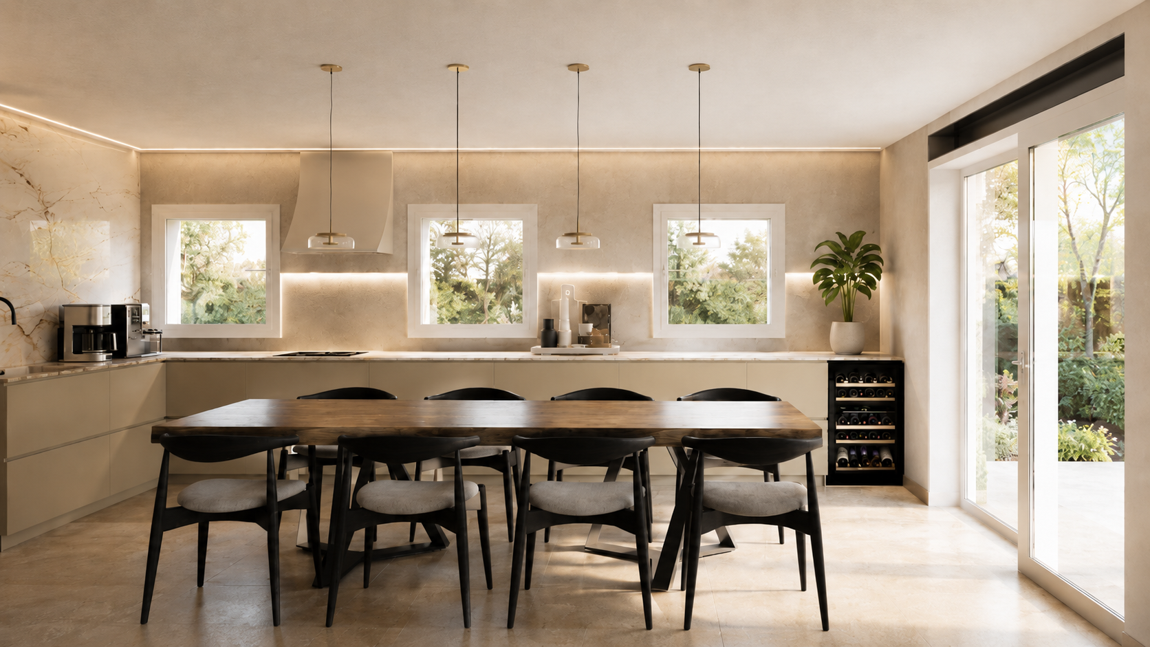 Cucina con tavolo in legno, tonalità neutre, illuminazione sospesa e affaccio sul giardino