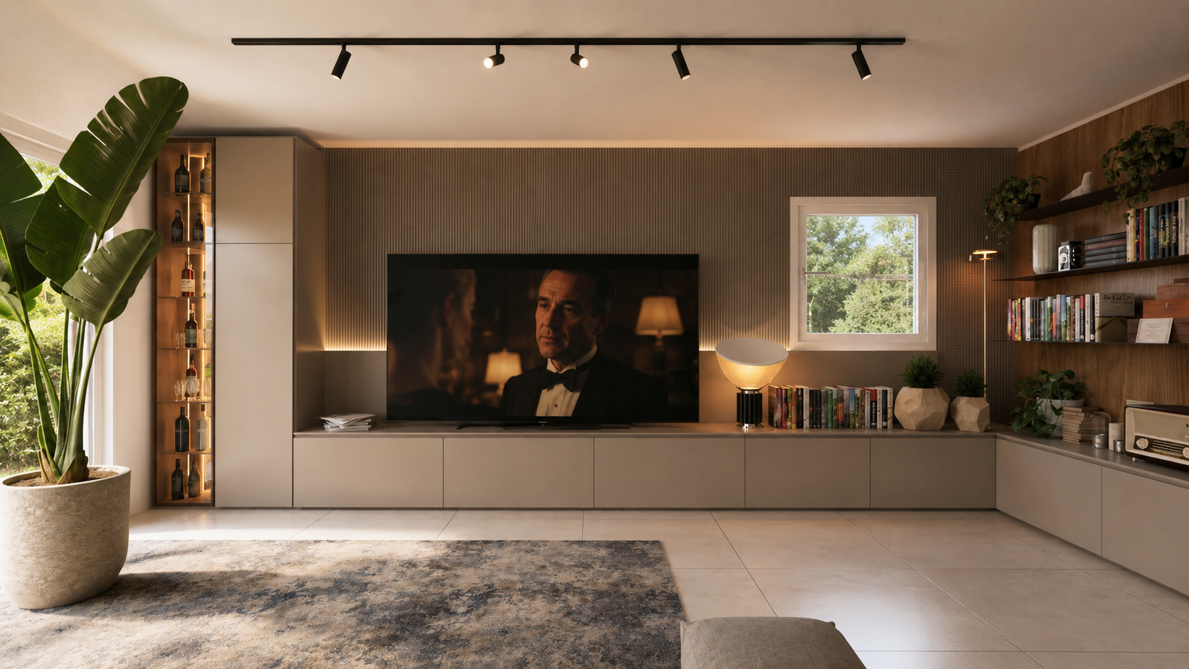 Soggiorno con parete attrezzata su misura, televisore integrato, librerie e verde decorativo