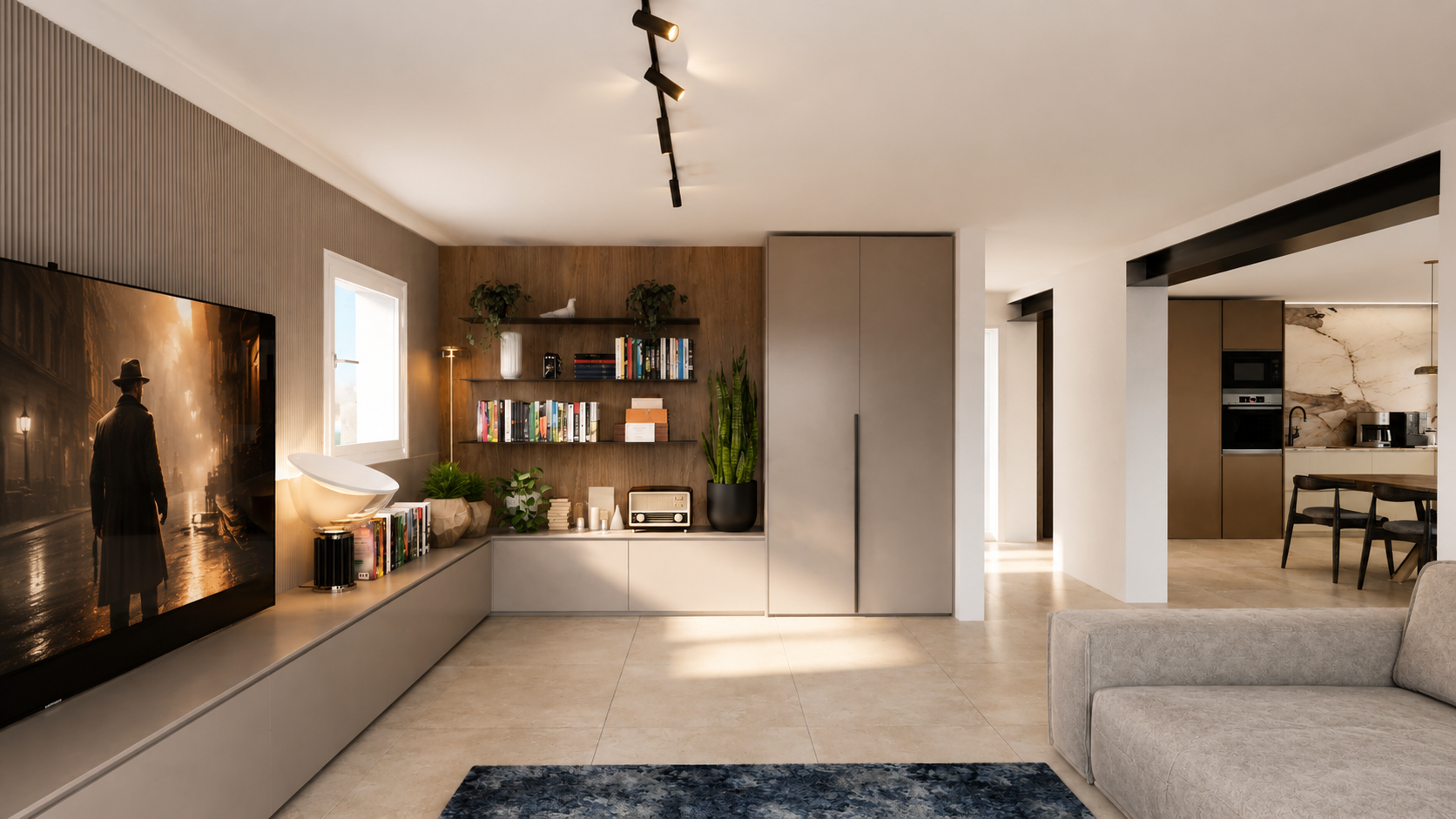 Zona living con mobile TV su misura, mensole illuminate e collegamento visivo verso la cucina