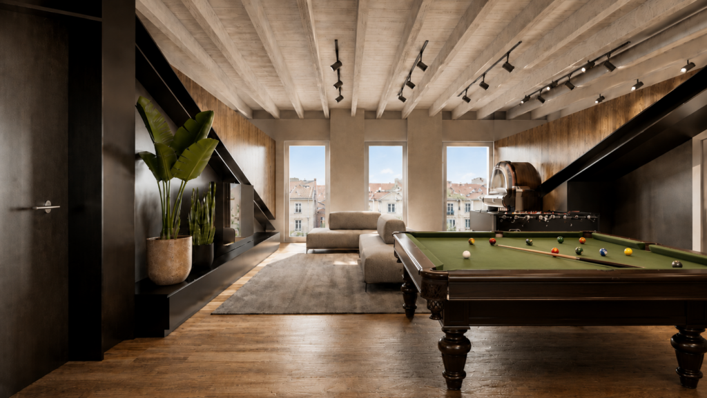 Sala hobby in mansarda con biliardo, travi a vista, illuminazione a binario e grandi aperture sulla città