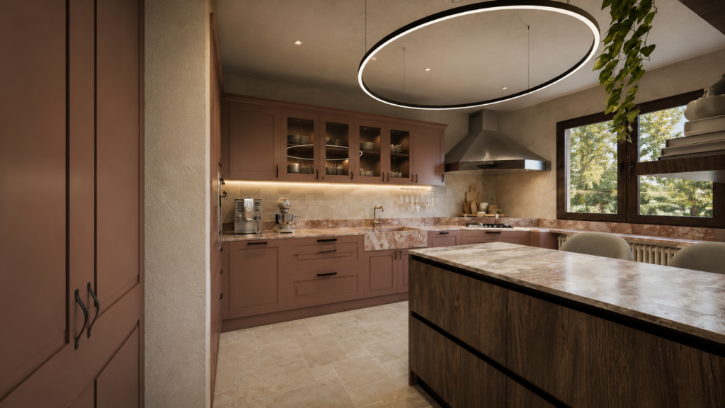Cucina esistente valorizzata con nuovi colori, illuminazione contemporanea e finiture coordinate al pavimento in pietra