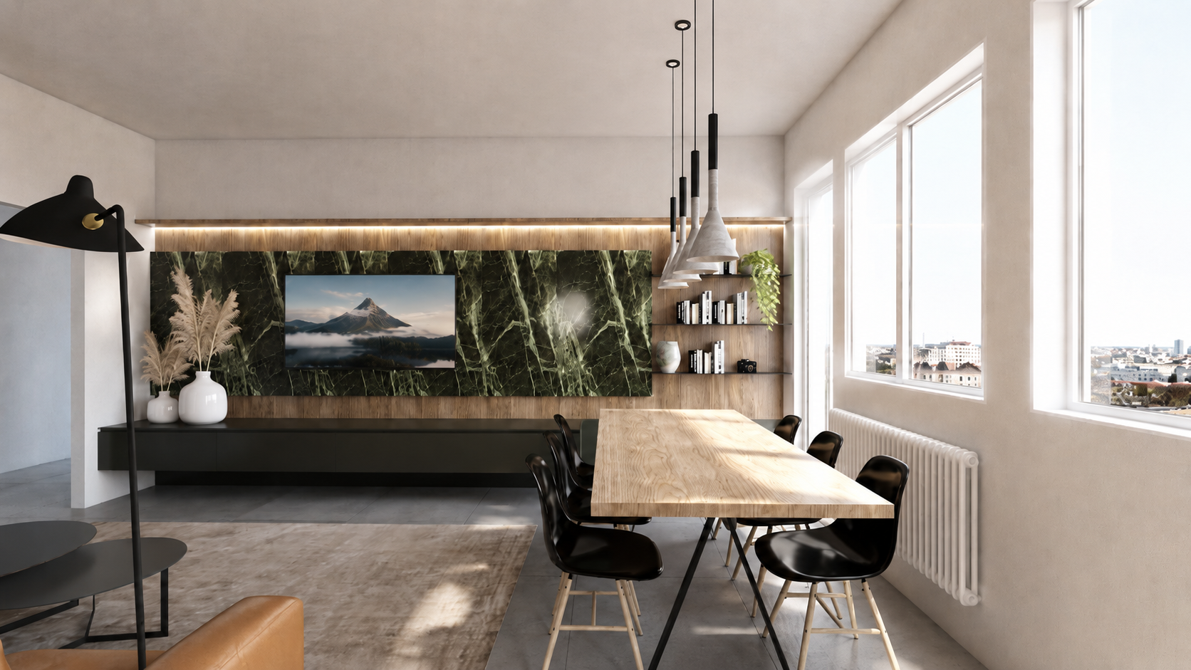 Zona pranzo con tavolo in legno, parete TV in marmo scuro, illuminazione integrata e grandi finestre