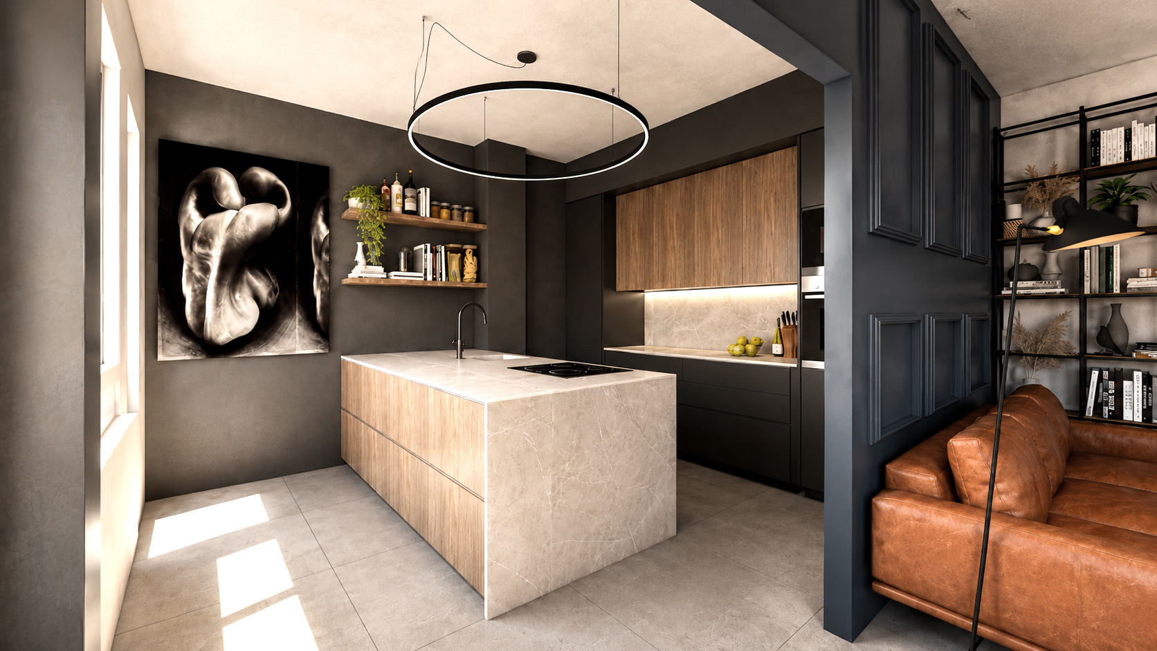 Cucina contemporanea con isola centrale, finiture scure, legno e illuminazione ad anello