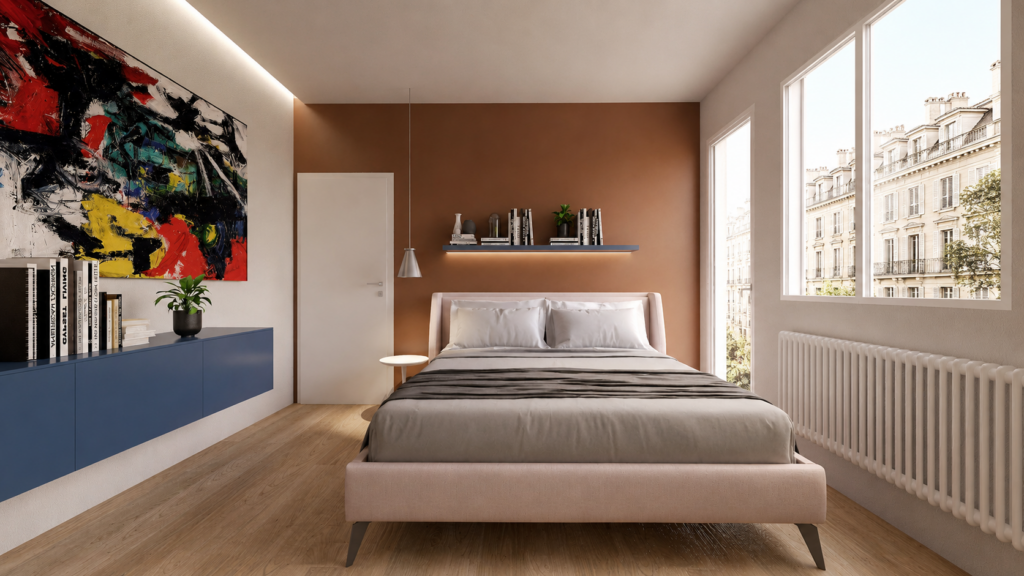 Ambiente interno con parete color terracotta, grande opera astratta e luce naturale dalle finestre