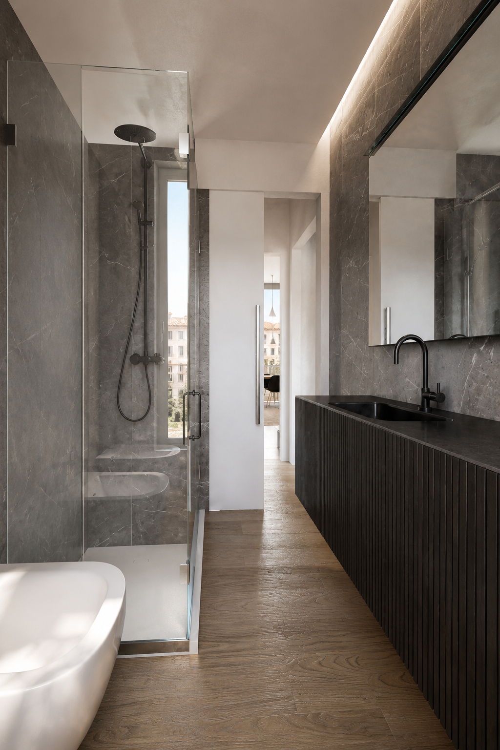 Bagno contemporaneo con doccia in vetro, rivestimenti grigi e illuminazione lineare