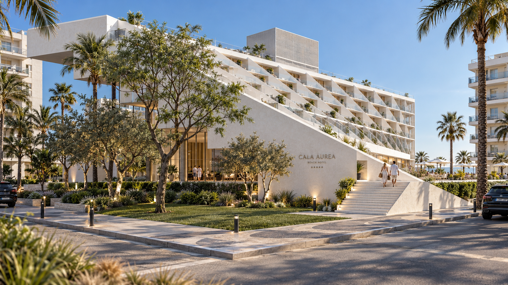 Ingresso dell’hotel contemporaneo a Caorle con volume a ventaglio e percorso pedonale