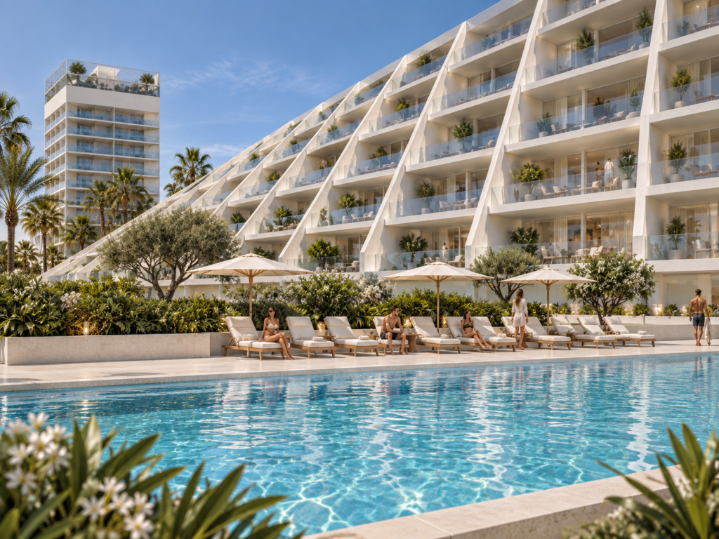 Facciata dell’hotel contemporaneo a Caorle con terrazze orientate verso il mare e piscina esterna